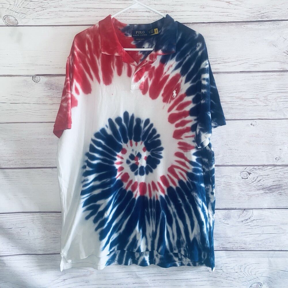Polo Ralph Lauren Polo Shirt Mens XL Slim Fit Tie Dye USA Red White Blue B3